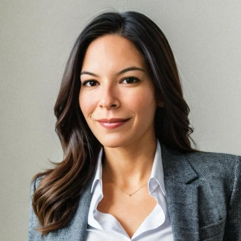 Professional headshot of a smiling woman with long dark hair, wearing a white shirt and a grey textured blazer