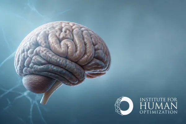 Human brain illustration on a blue background with the Institute for Human Optimization logo