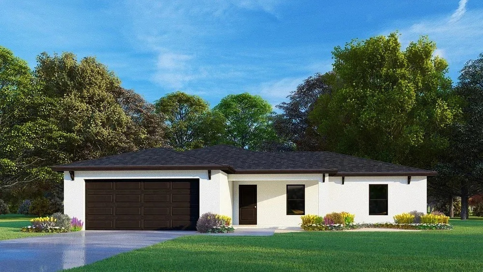 One-story white stucco new construction home in Southwest Florida