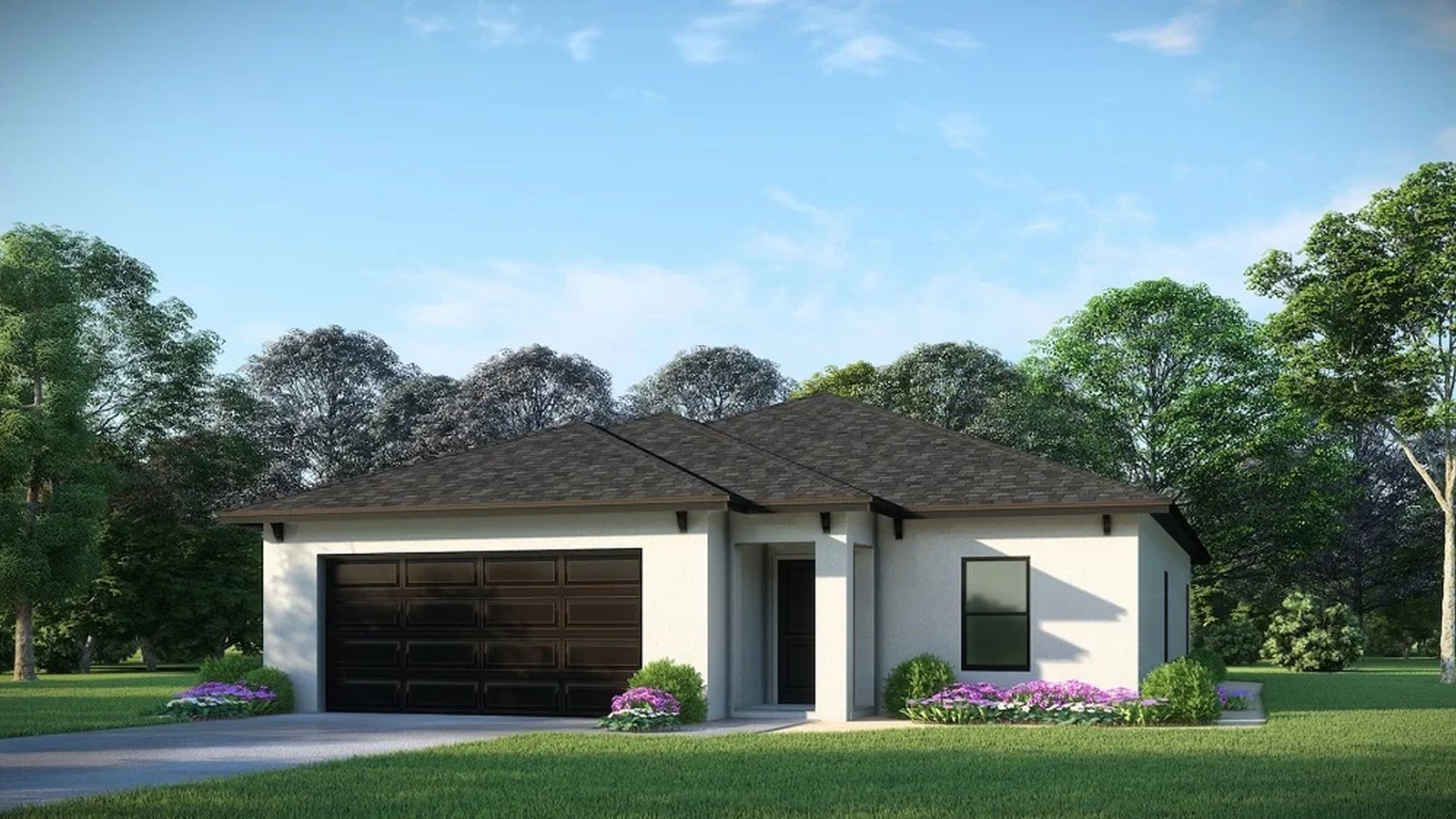 One-story stucco new construction home with a two-car garage and landscaped front yard in Southwest Florida