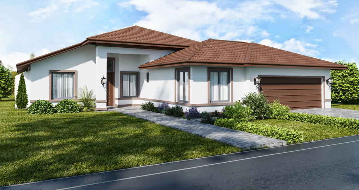 One-story white stucco new-construction home with brown tile roof and two-car garage in a Southwest Florida neighborhood