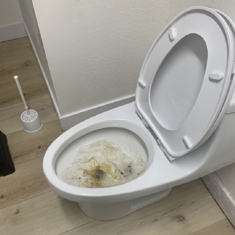 Open toilet with soiled tissue paper inside, situated on a wooden floor. A toilet brush stands in the corner, conveying a sense of neglect or uncleanliness.