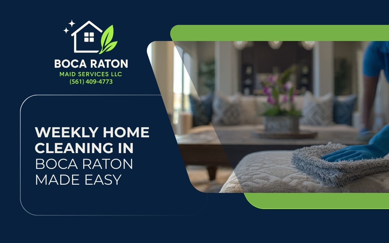Weekly cleaning service in Boca Raton resetting a living room with dust-free surfaces and tidy décor.