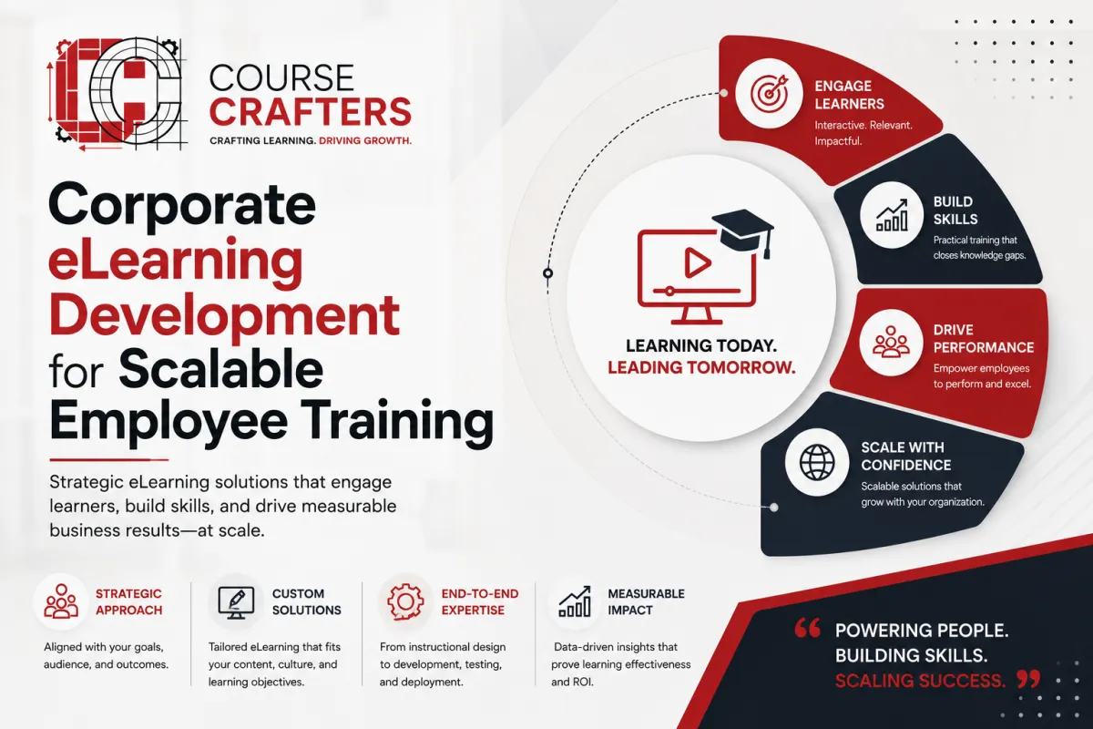 Course Crafters cover for "Corporate eLearning Development for Scalable Employee Training" featuring modern learning strategy graphics, training icons, and scalable workforce development concepts.