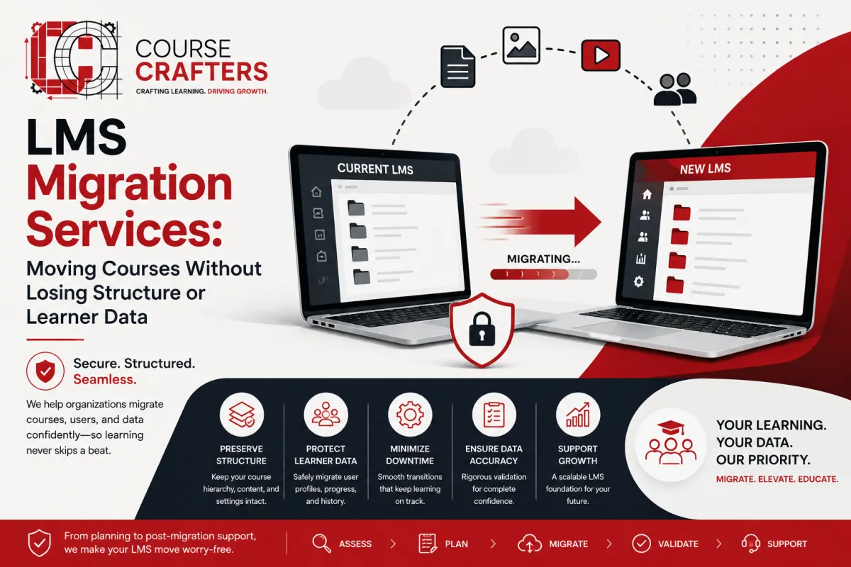 Course Crafters cover for "LMS Migration Services: Moving Courses Without Losing Structure or Learner Data" featuring a secure LMS migration workflow between learning platforms with data transfer and course migration graphics.