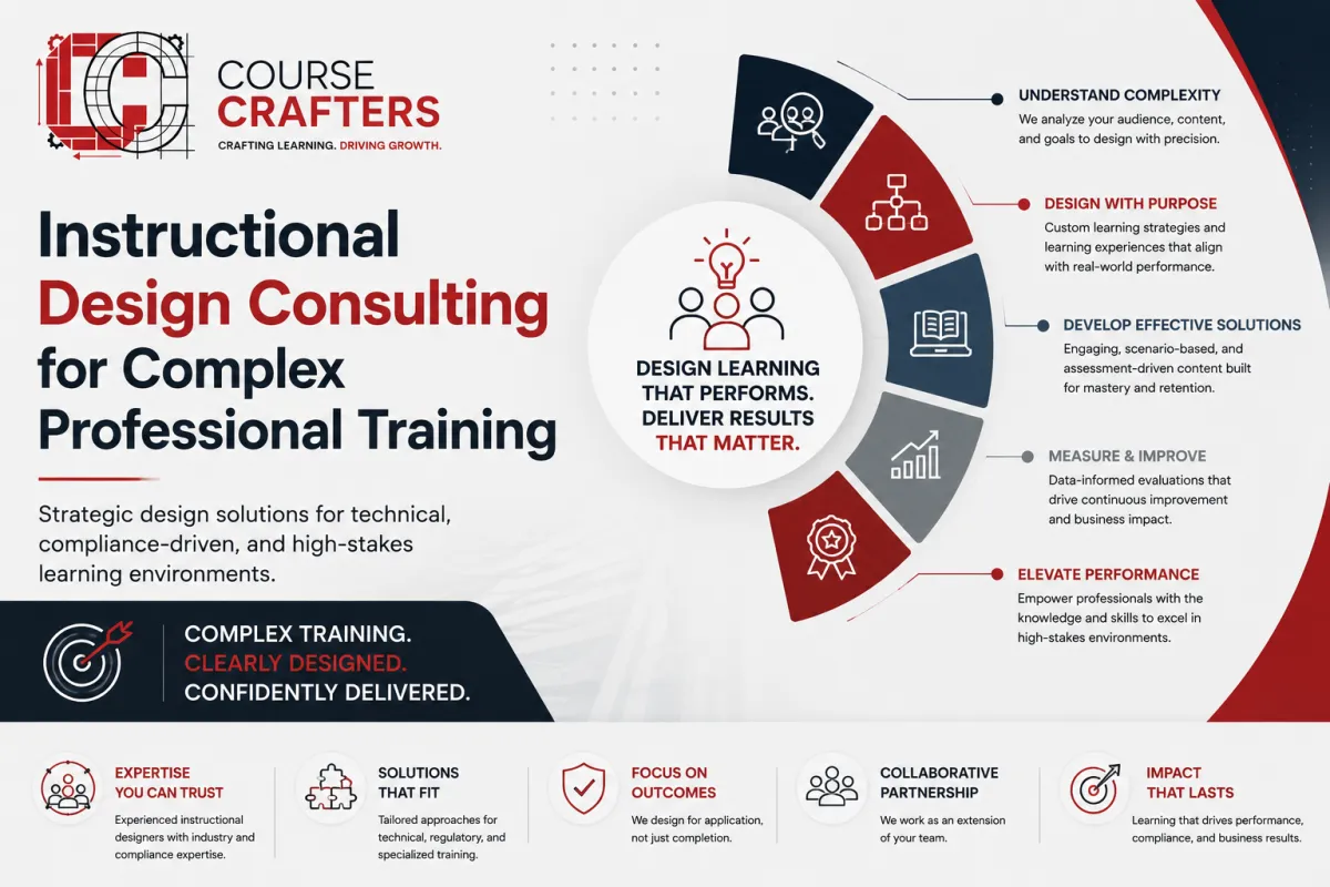 Course Crafters cover for "Instructional Design Consulting for Complex Professional Training" featuring a strategic instructional design framework with learning process graphics, consulting icons, and professional training concepts.