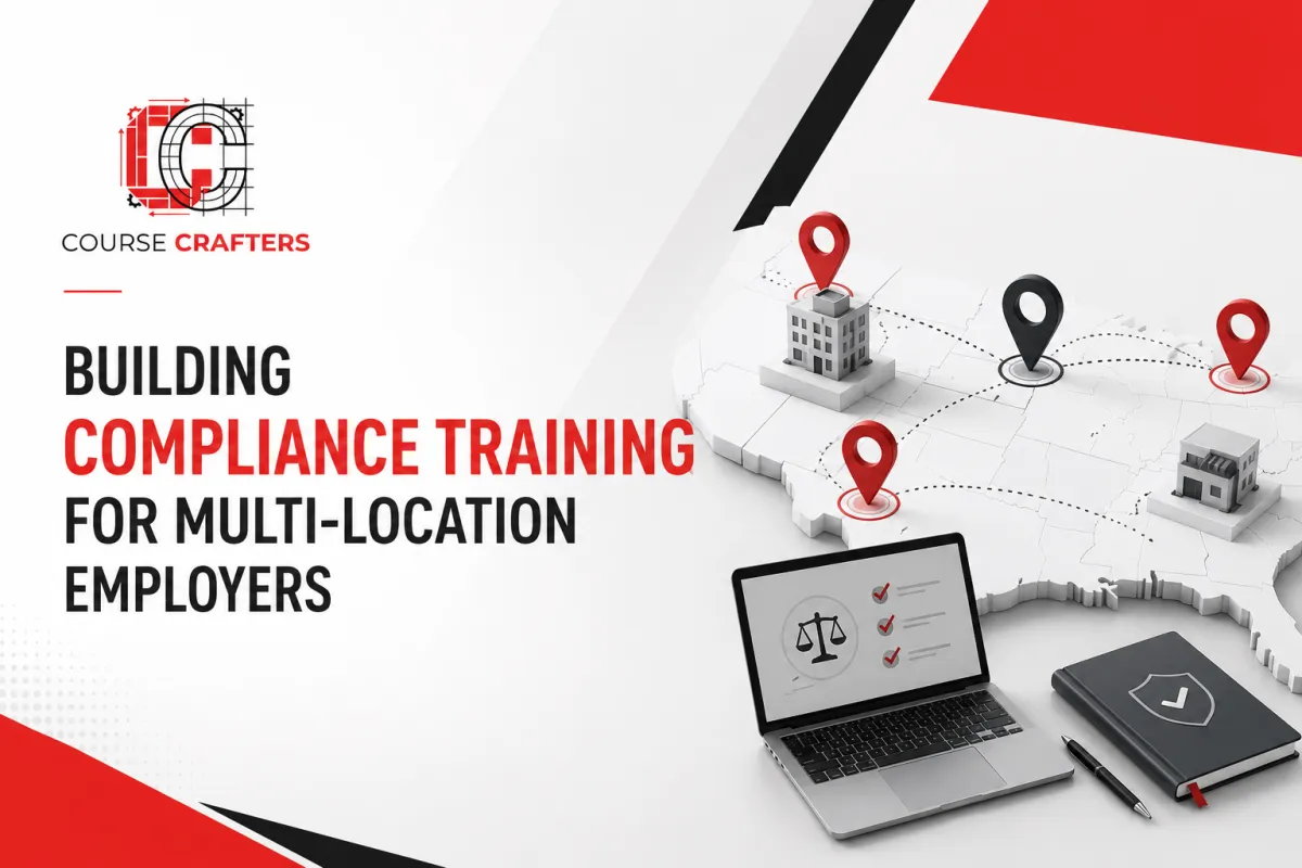 Course Crafters article cover titled "Building Compliance Training for Multi-Location Employers." Features the Course Crafters logo, a U.S. map with connected locations, and compliance training visuals in a clean red, white, black, and gray design.