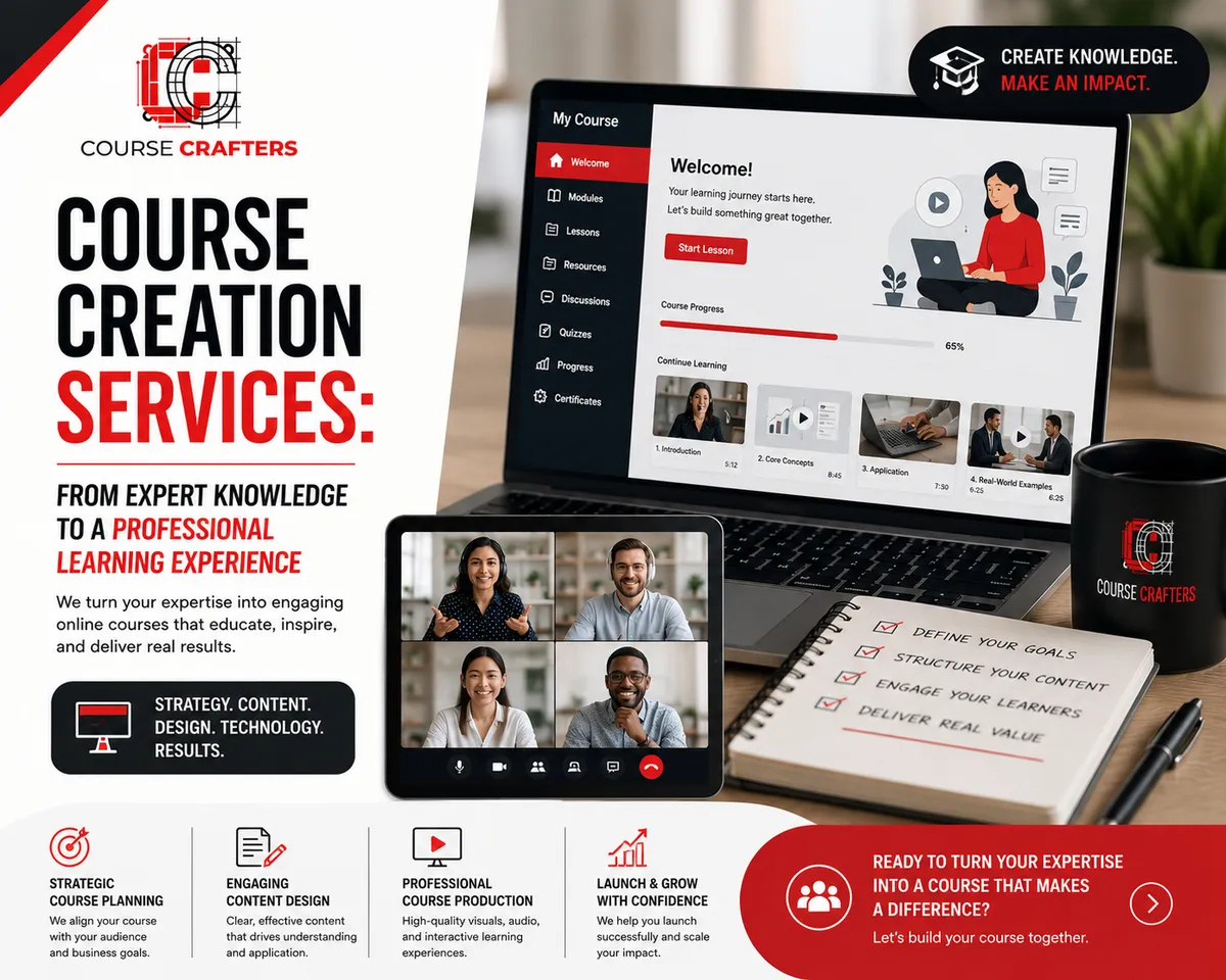 Course creation services transforming expert knowledge into a professional online learning experience.