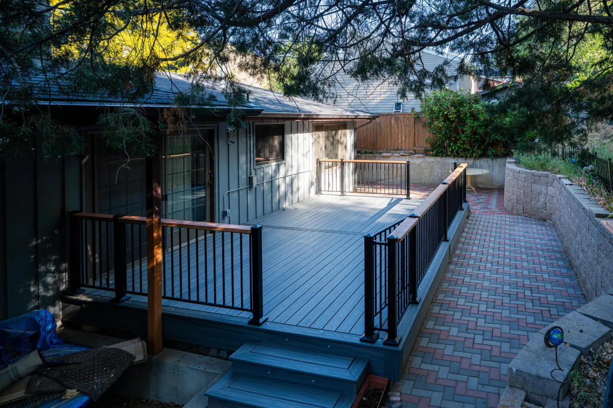 Custom composite deck with outdoor living space built by Decked Out, Boise Idaho's premier deck builder