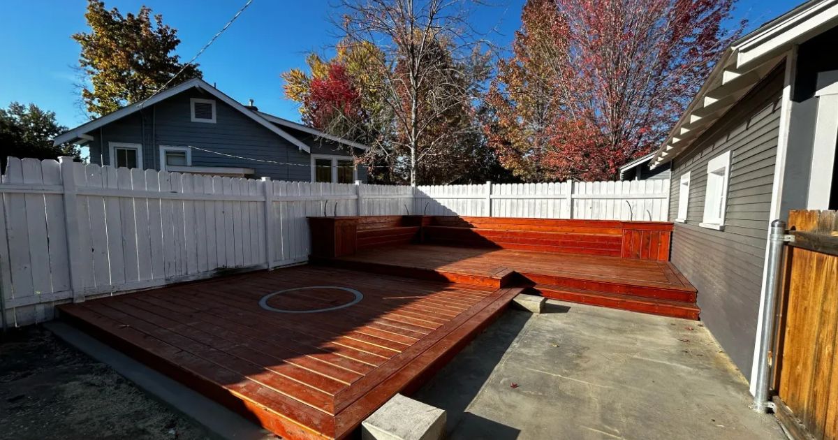 Trex deck with outdoor seating built for a Boise backyard.