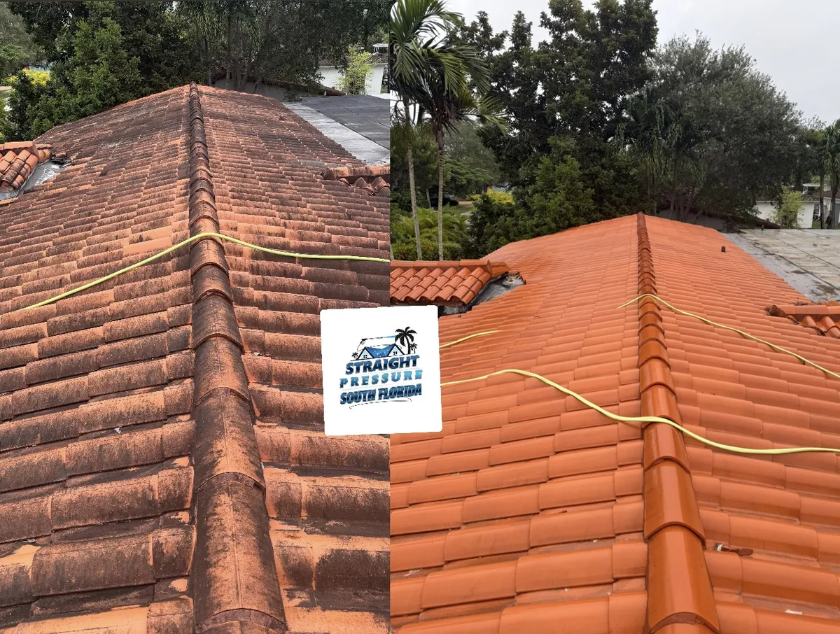 Before and after roof cleaning in Miami Dade . Safe roof cleaning service for clay tile roofs.