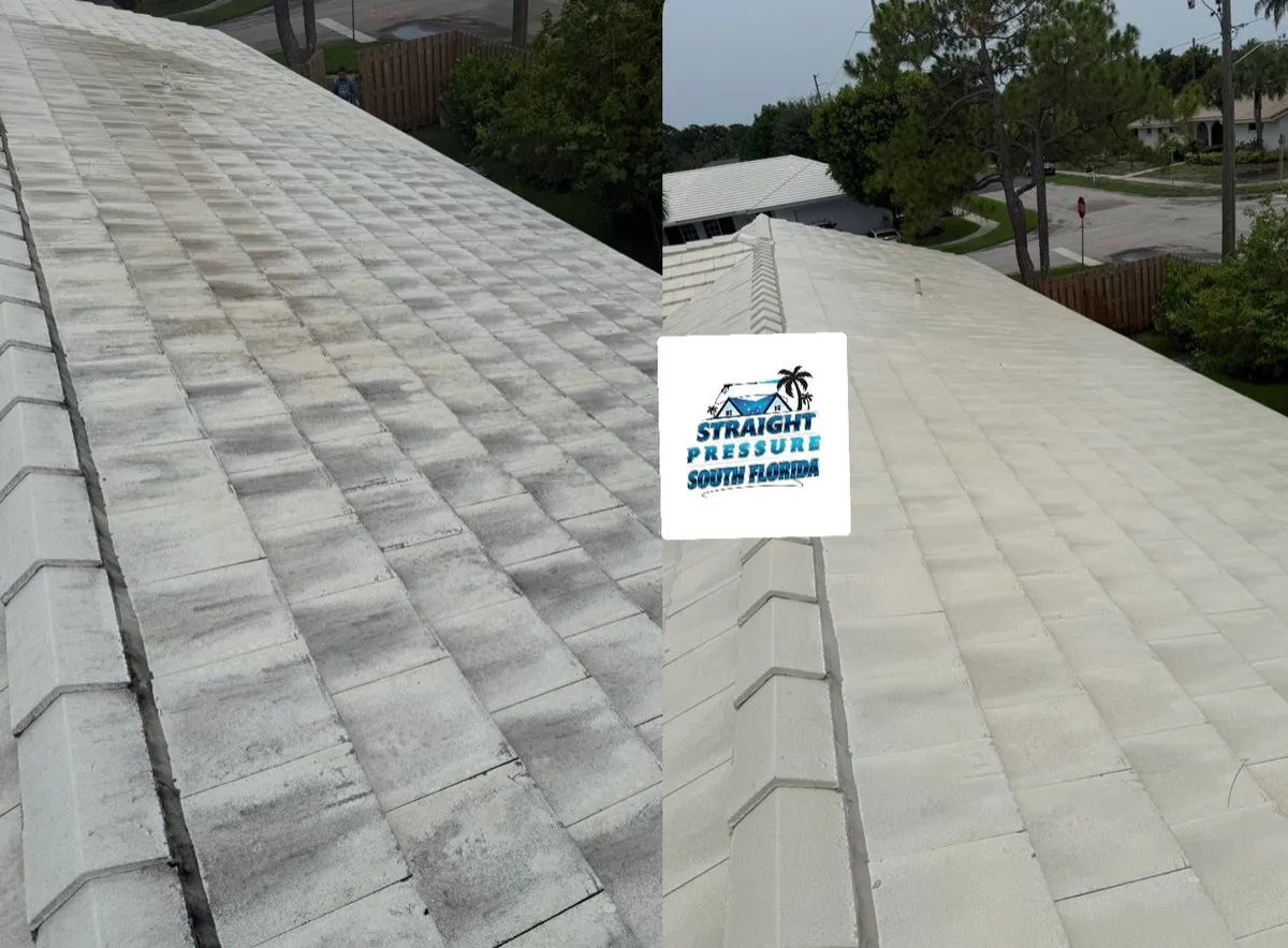 Before and after roof cleaning in South Florida. Professional roof soft washing for light-colored tile roofs.