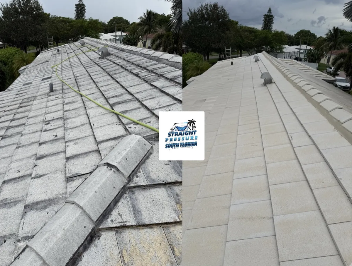 Before and after soft wash roof cleaning in Miami Dade. Low-pressure roof cleaning removing algae.