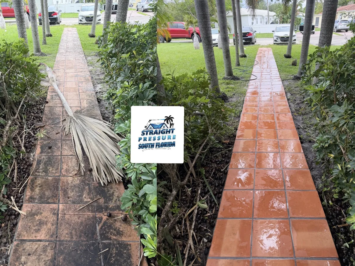 Before and after professional walkway and sidewalk pressure cleaning service in South Florida