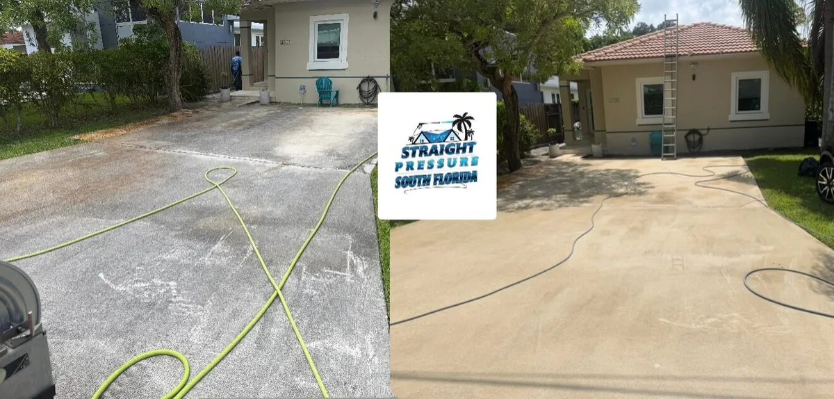 Driveway pressure washing before and after transformation in South Florida