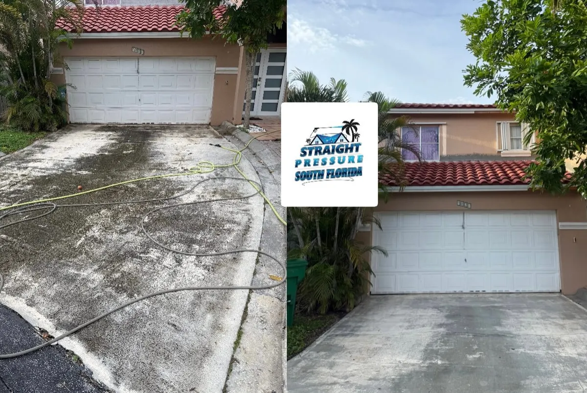 Driveway cleaning by Straight Pressure South Florida. Before and after result of a concrete pressure washing removing heavy mold and mildew throughout South Florida.