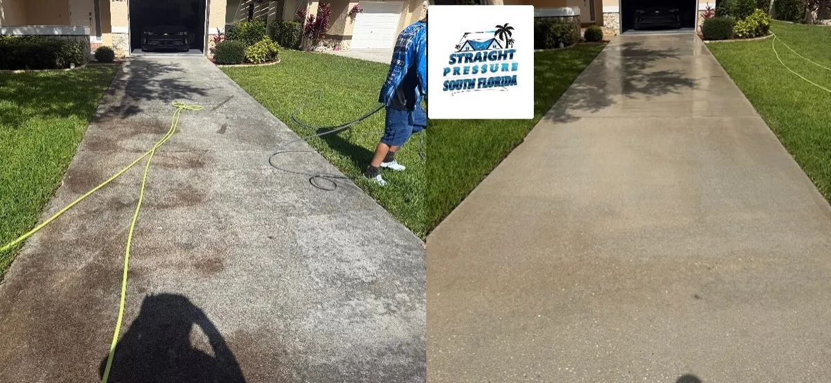 Driveway pressure washing. Wide before and after view showcasing a spotless concrete driveway cleaning and enhanced curb appeal throughout South Florida.