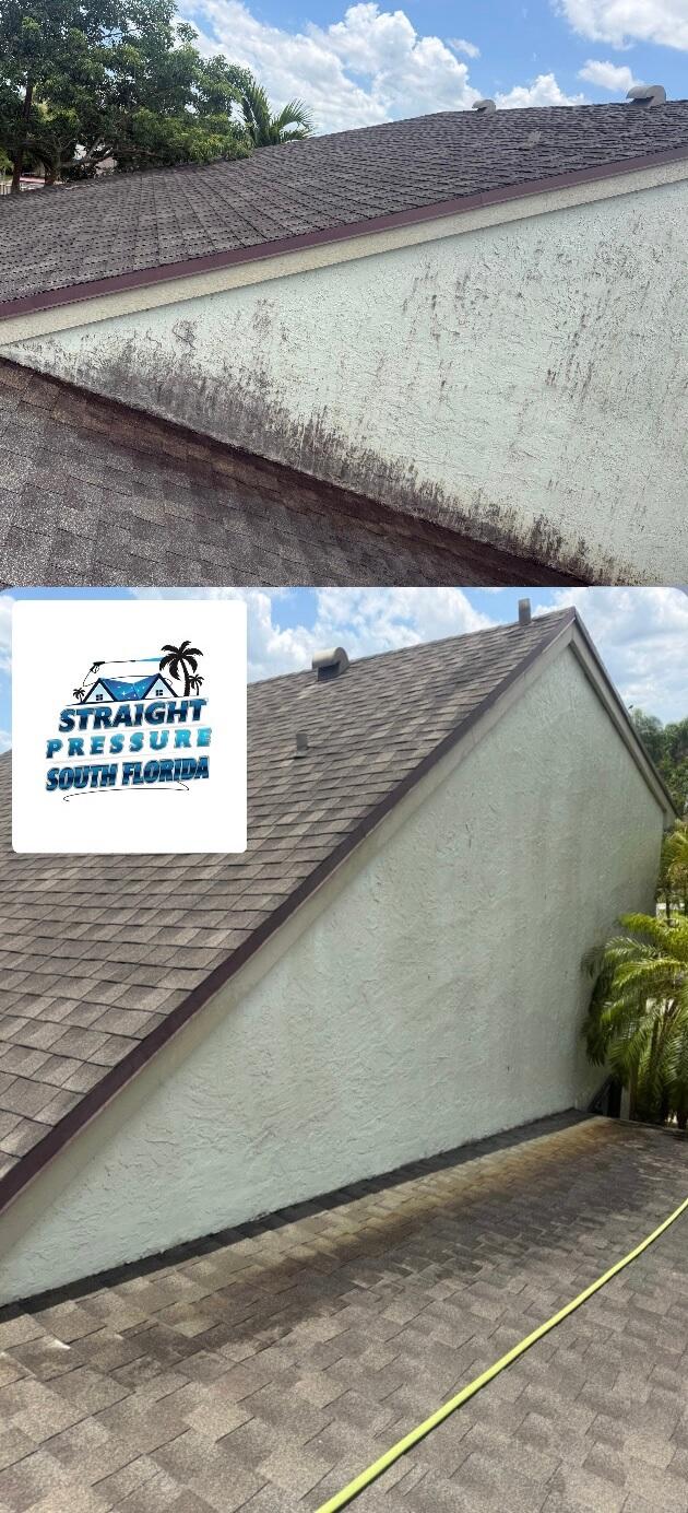 Before and after stucco exterior house washing and roofline detailing in South Florida performed by Straight Pressure South Florida.