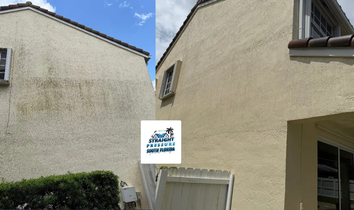 Before and after exterior house pressure washing on a stucco wall in Weston FL