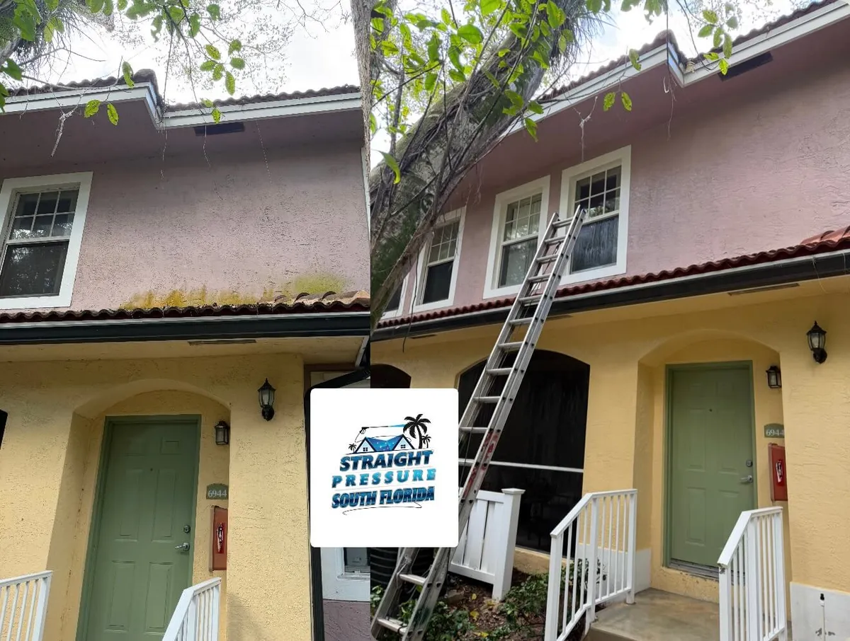 Before and after low pressure cleaning on a two-story home exterior in Boca Raton FL