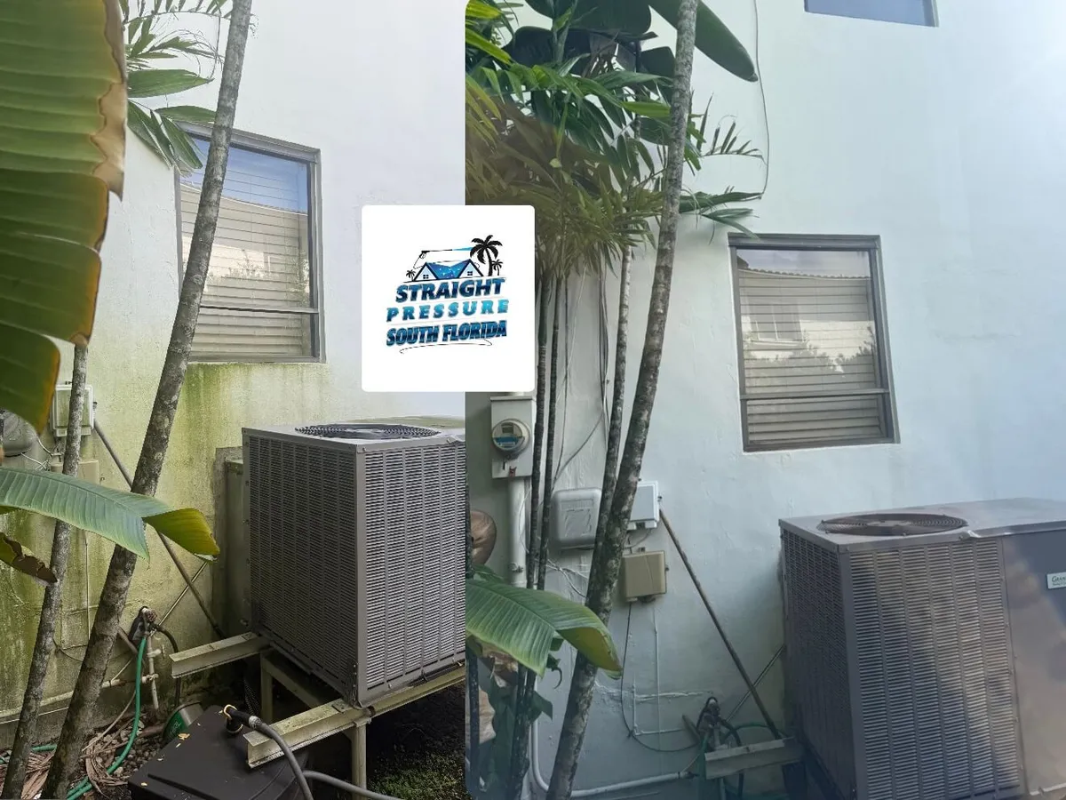 Before and after eco-friendly house washing and low-pressure exterior wall cleaning in South Florida.