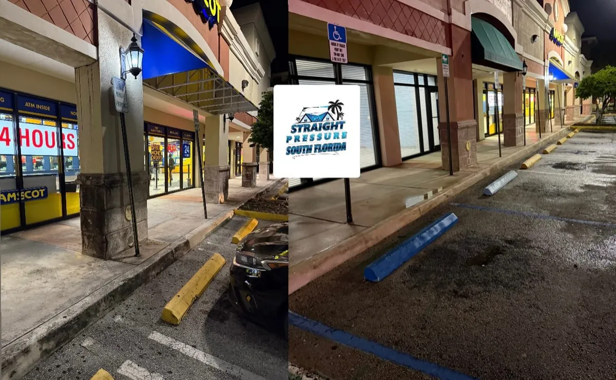 Before and after commercial pressure washing of a retail plaza walkway in North Miami Beach FL