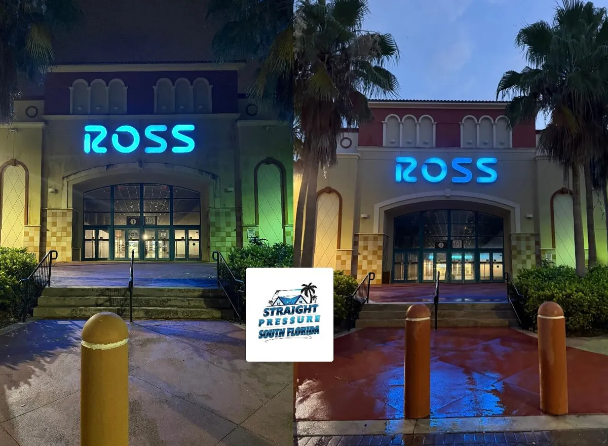 Before and after commercial storefront pressure washing at a retail entrance in North Miami Beach FL