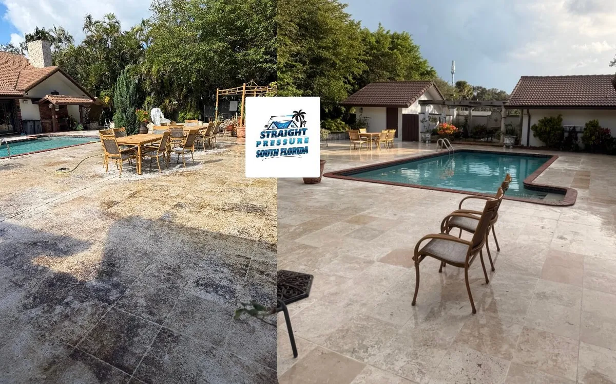 Before and after paver pressure cleaning on a travertine pool deck in Kendall FL