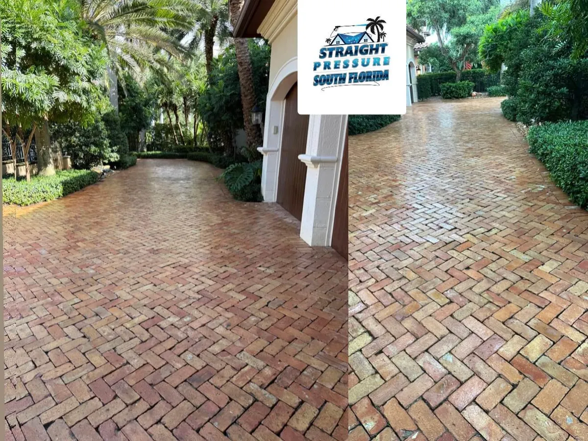 Before and after paver sealing on a brick driveway in Lighthouse Point FL