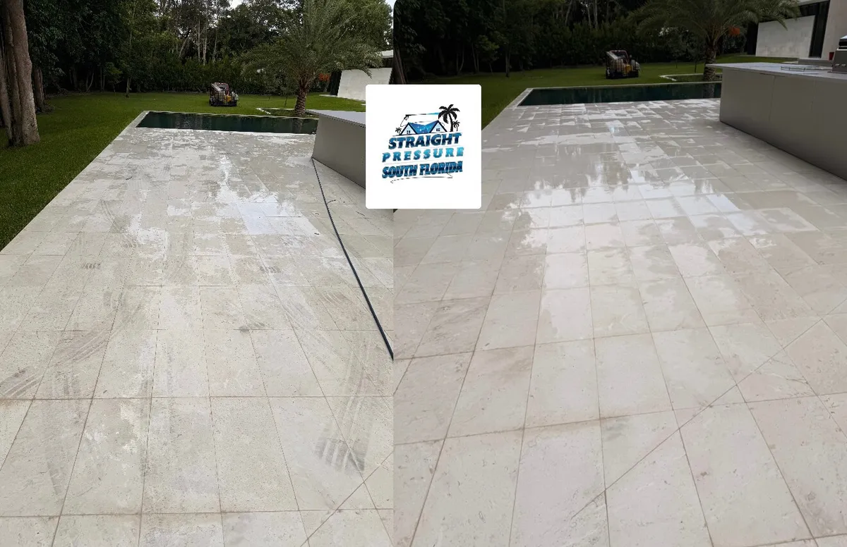 Before and after paver pressure washing on a pool deck in Southwest Ranches FL ready for sealing