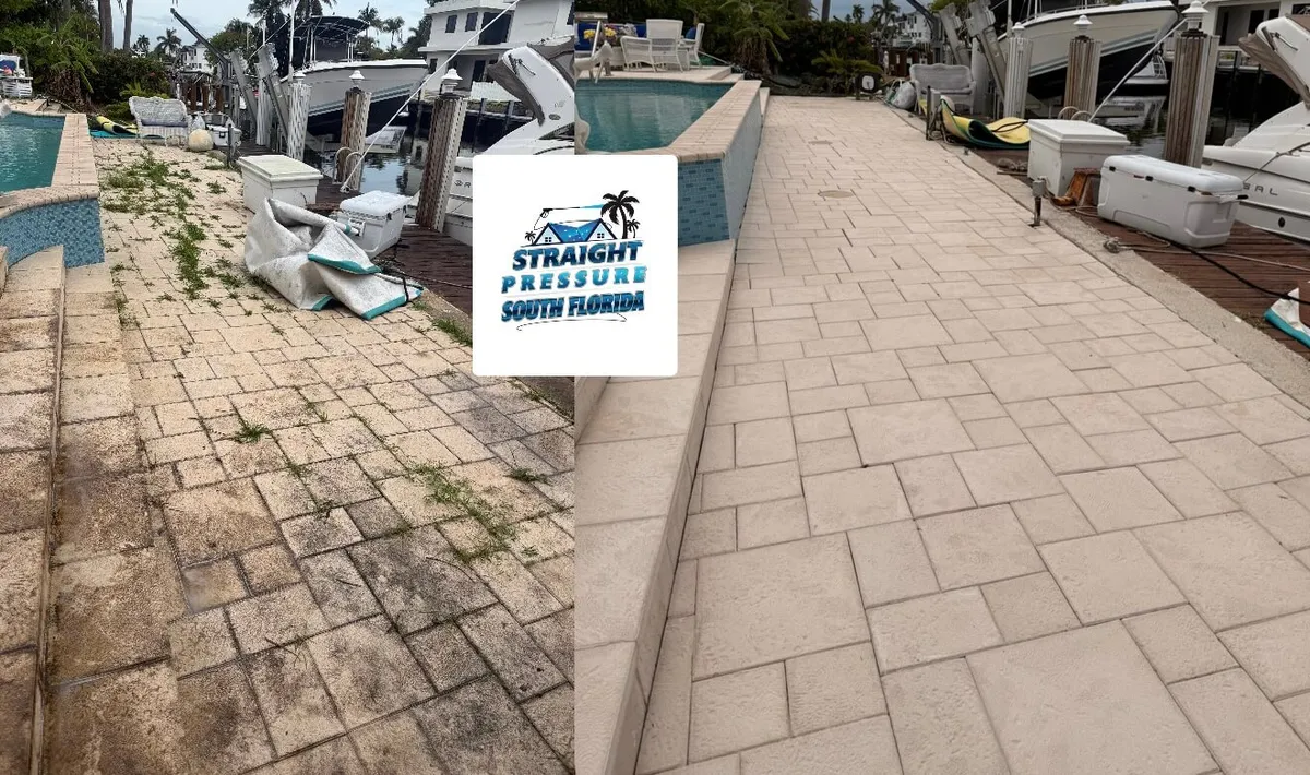Before and after brick paver pressure cleaning on a waterfront pool deck in Lighthouse Point FL