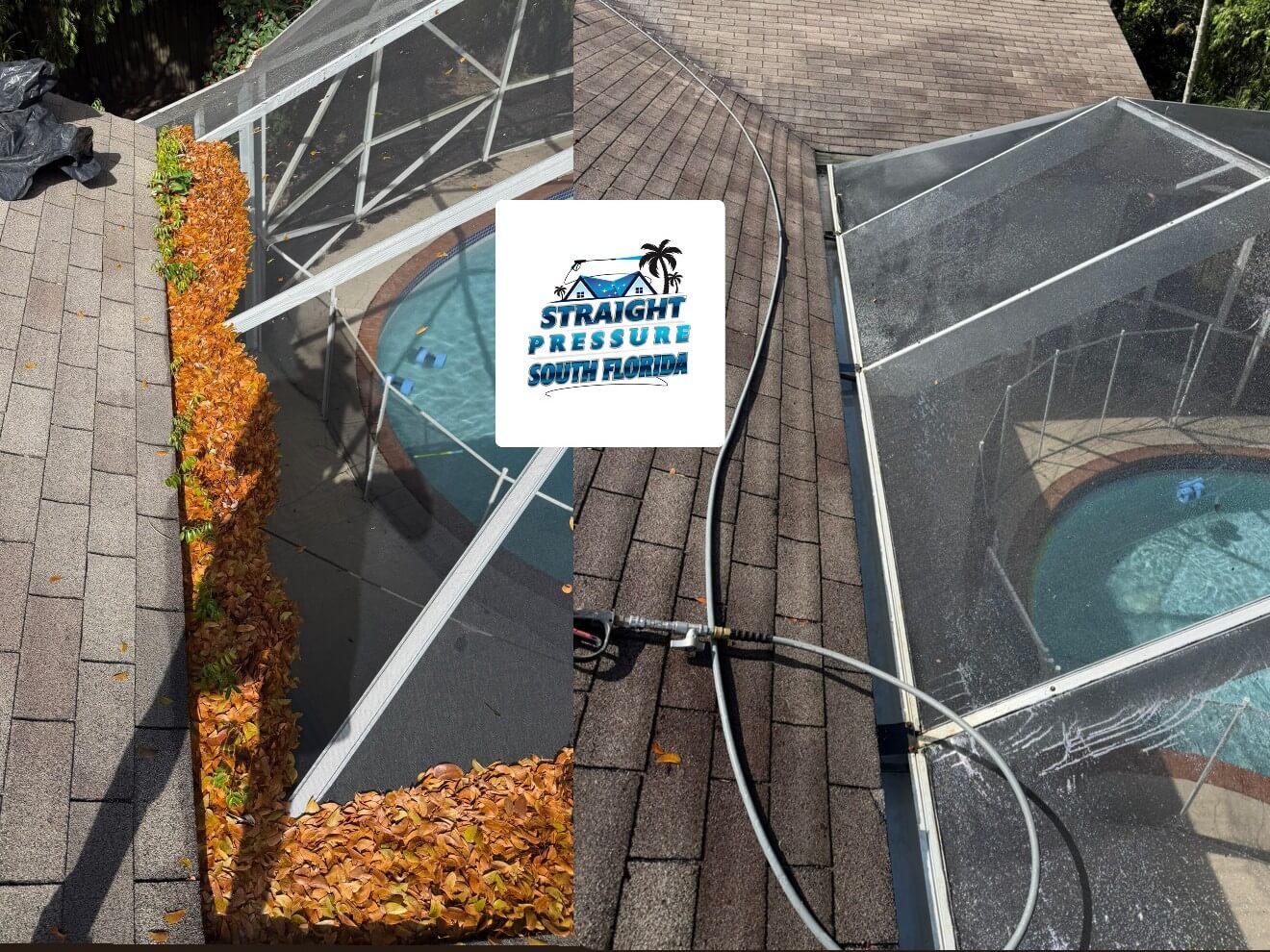 Before and after super gutter cleaning and leaf extraction in South Florida.