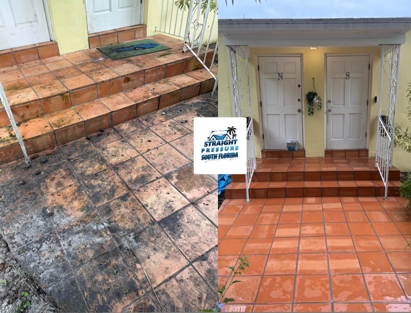 Before and after front porch patio cleaning and tile washing in South Florida.