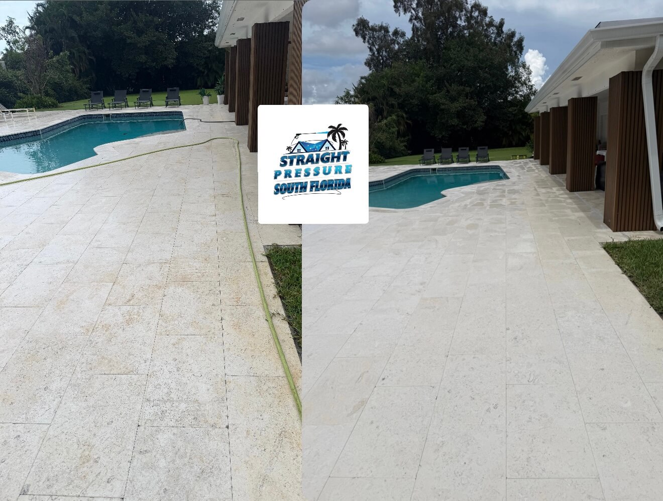 Before and after pool patio cleaning and paver washing in South Florida.