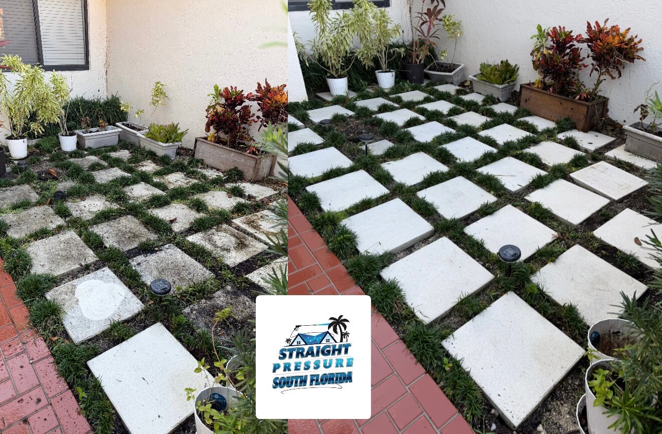 Before and after patio and deck cleaning and paver maintenance in South Florida.