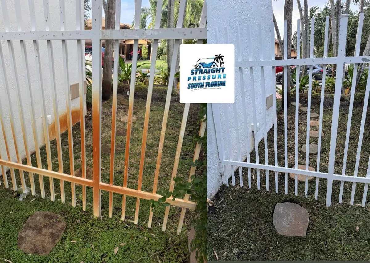 Before and after rust stain removal on a white metal fence in Miami Lakes FL