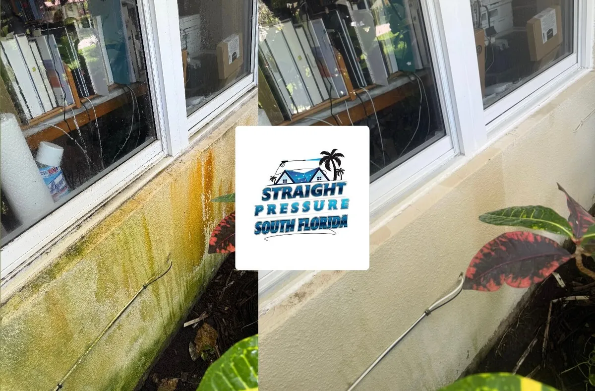 Before and after rust stain removal on a stucco wall in North Miami Beach FL
