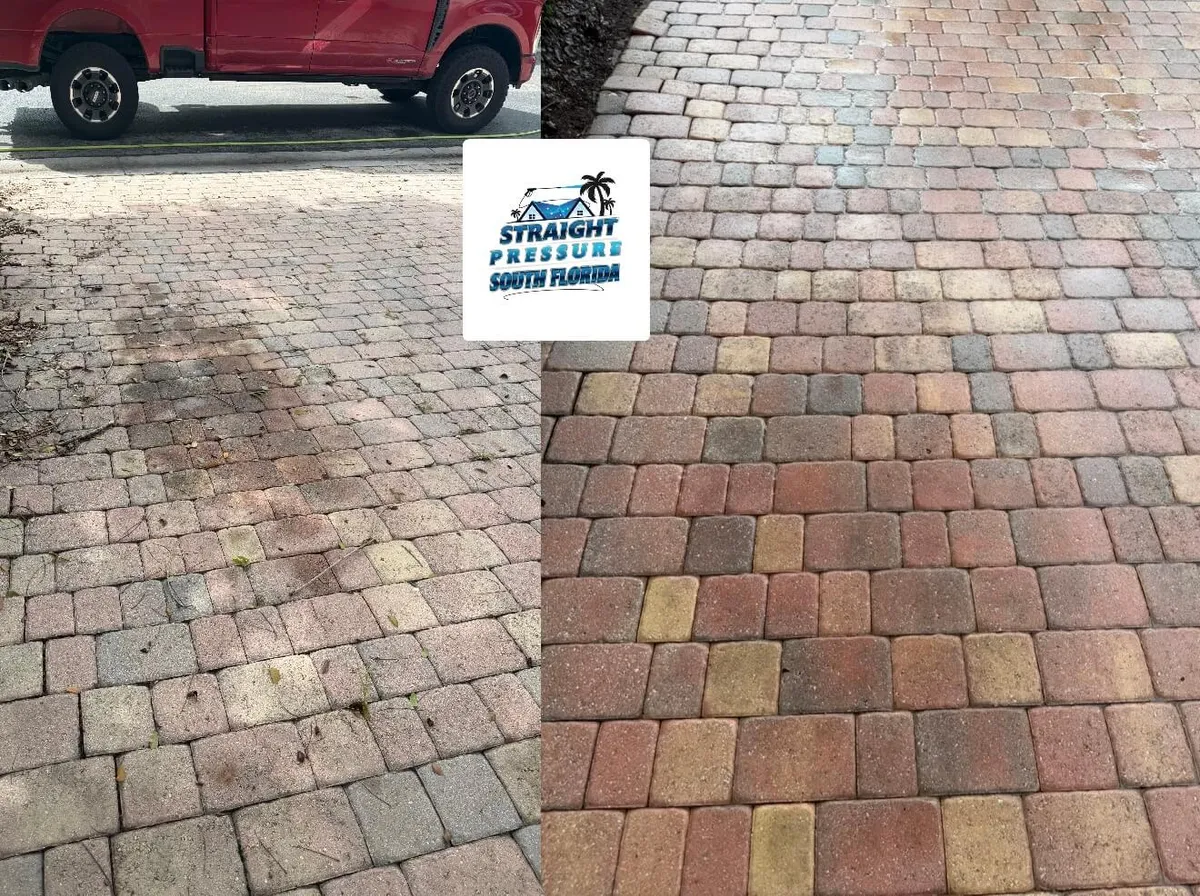 Before and after oil stain removal on a paver driveway in Homestead FL
