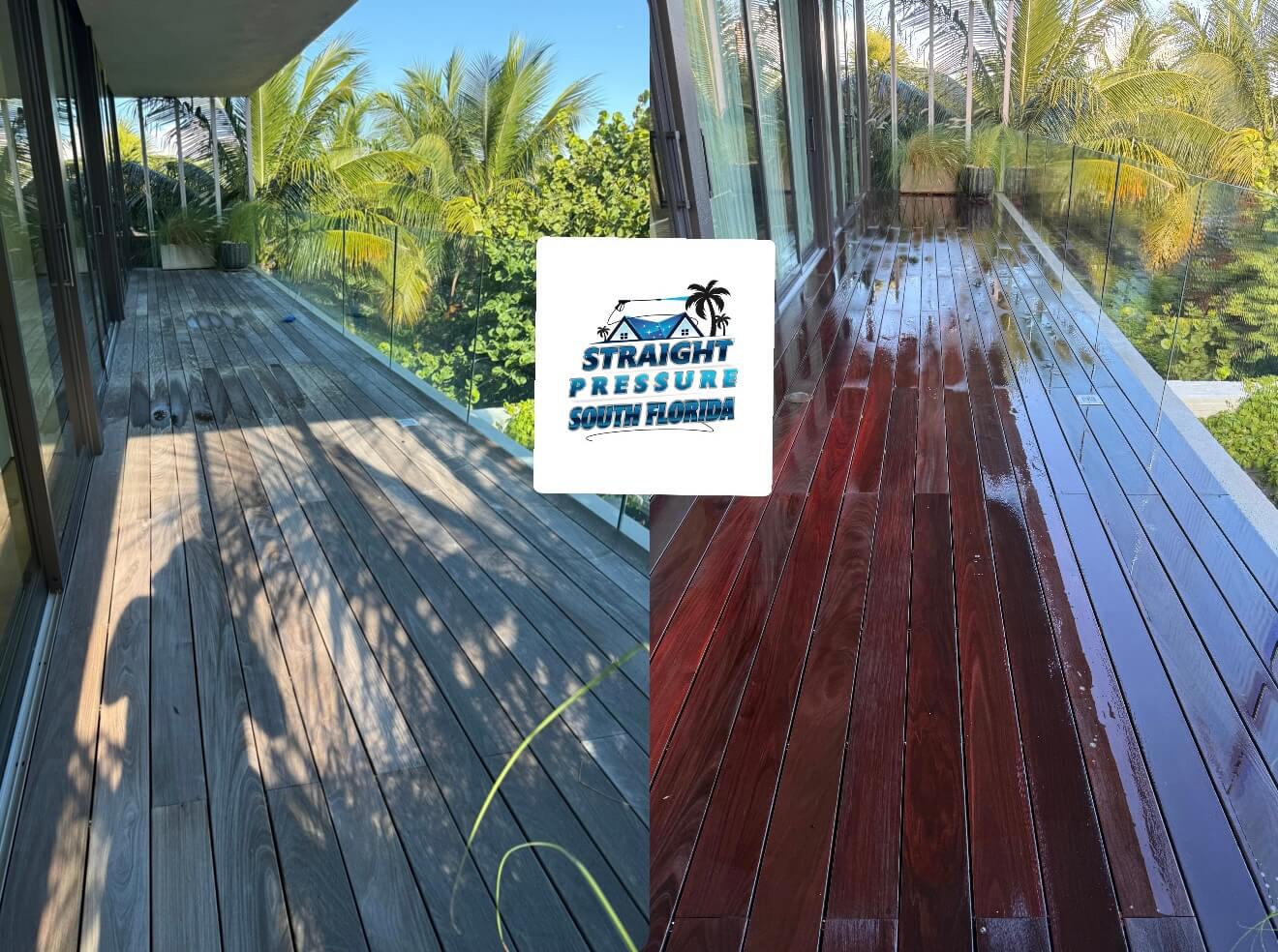 building and surface restoration before and after wood deck cleaning in South Florida