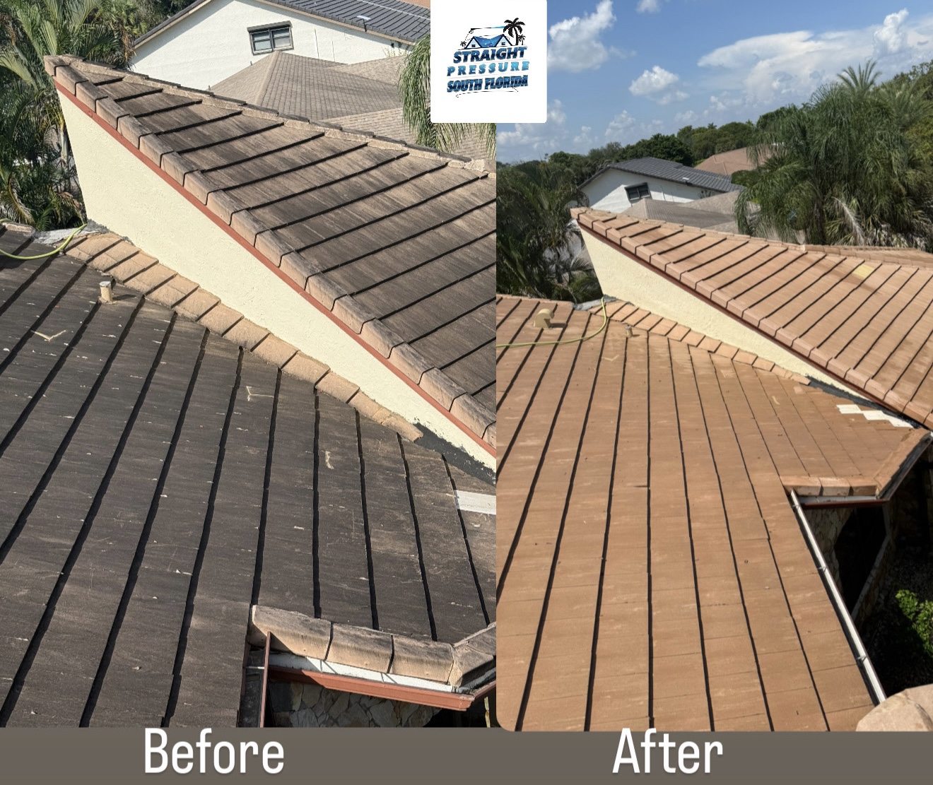 Tile roof soft washing before and after in South Florida.