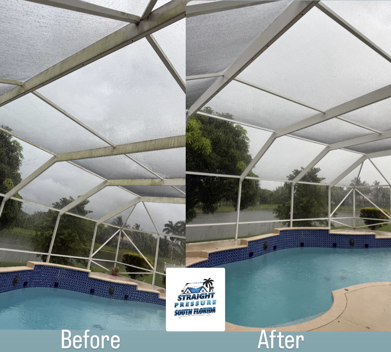 Pool cage and screen enclosure cleaning before and after in South Florida by Straight Pressure South Florida