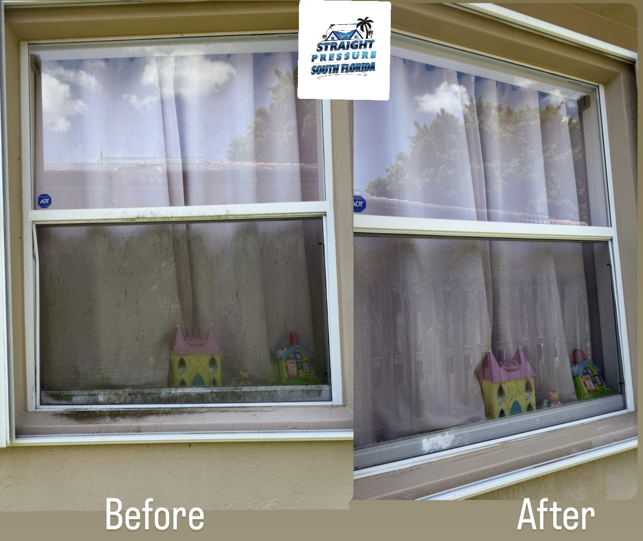 Professional window washing and hard water stain removal before and after in South Florida by Straight Pressure South Florid
