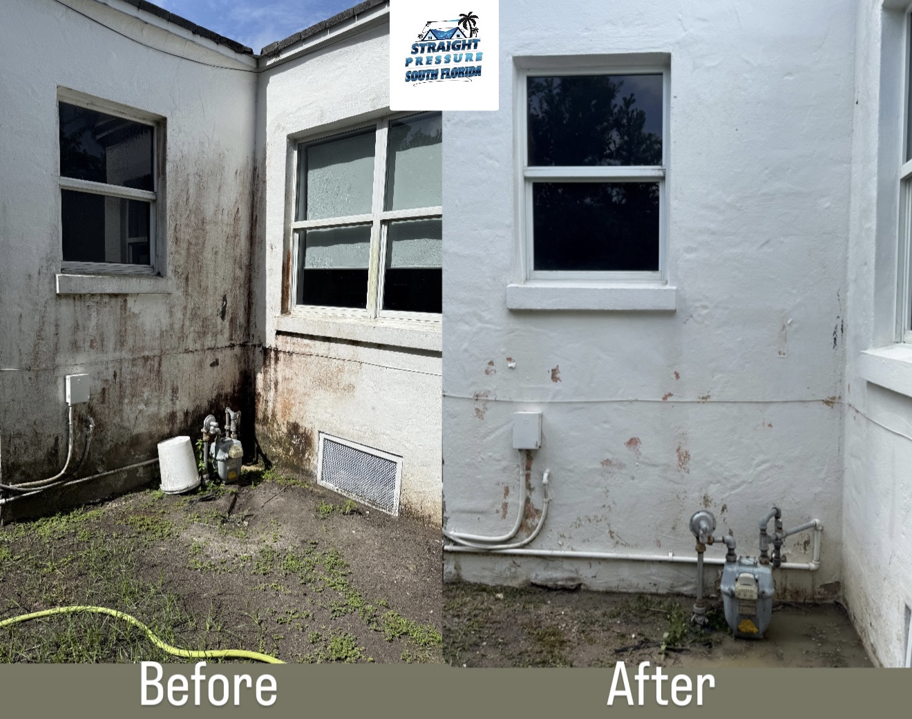 Exterior house washing and stucco cleaning before and after in South Florida by Straight Pressure South Florida