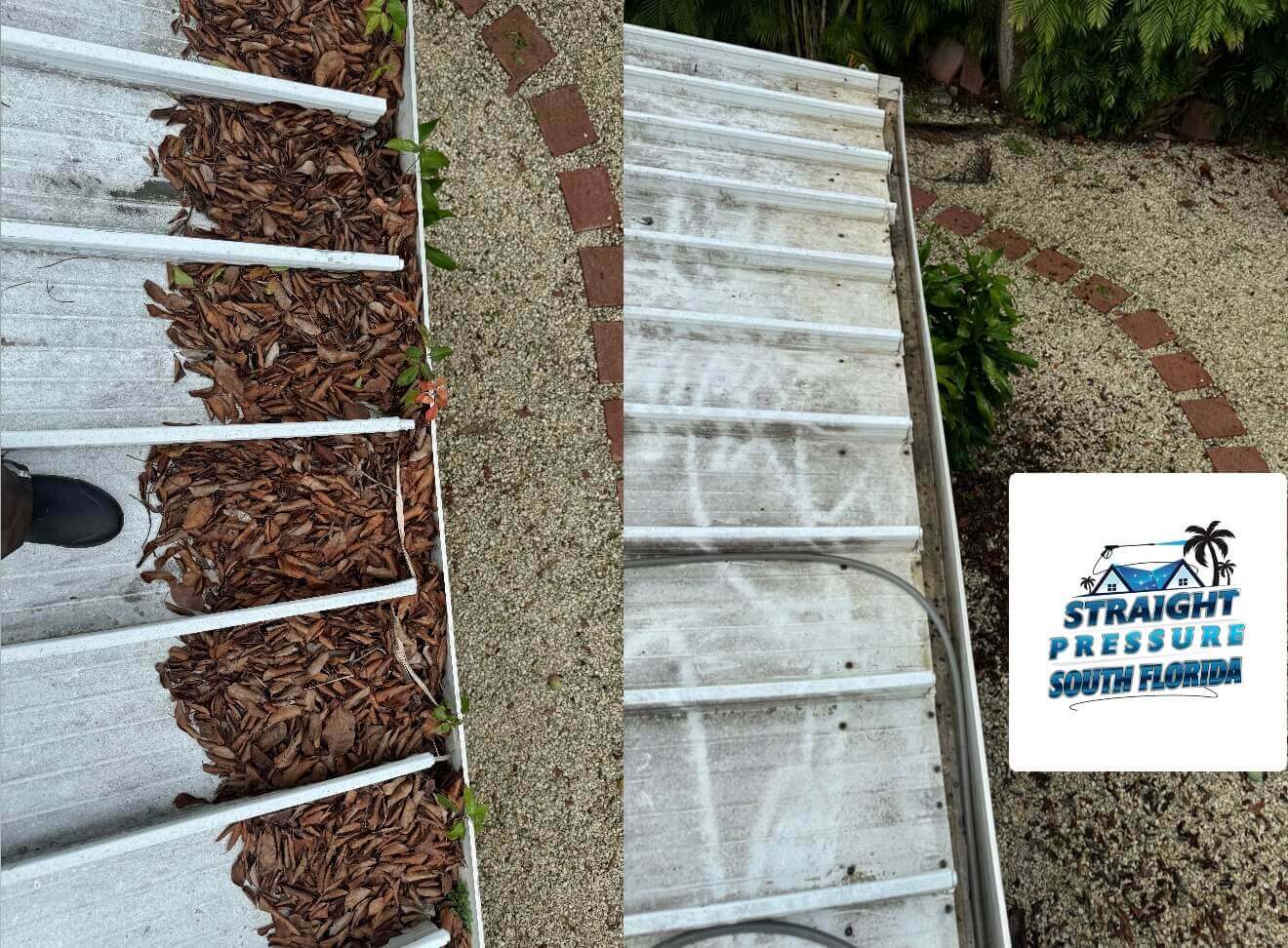 Before and after gutter and super gutter cleaning services in Miami
