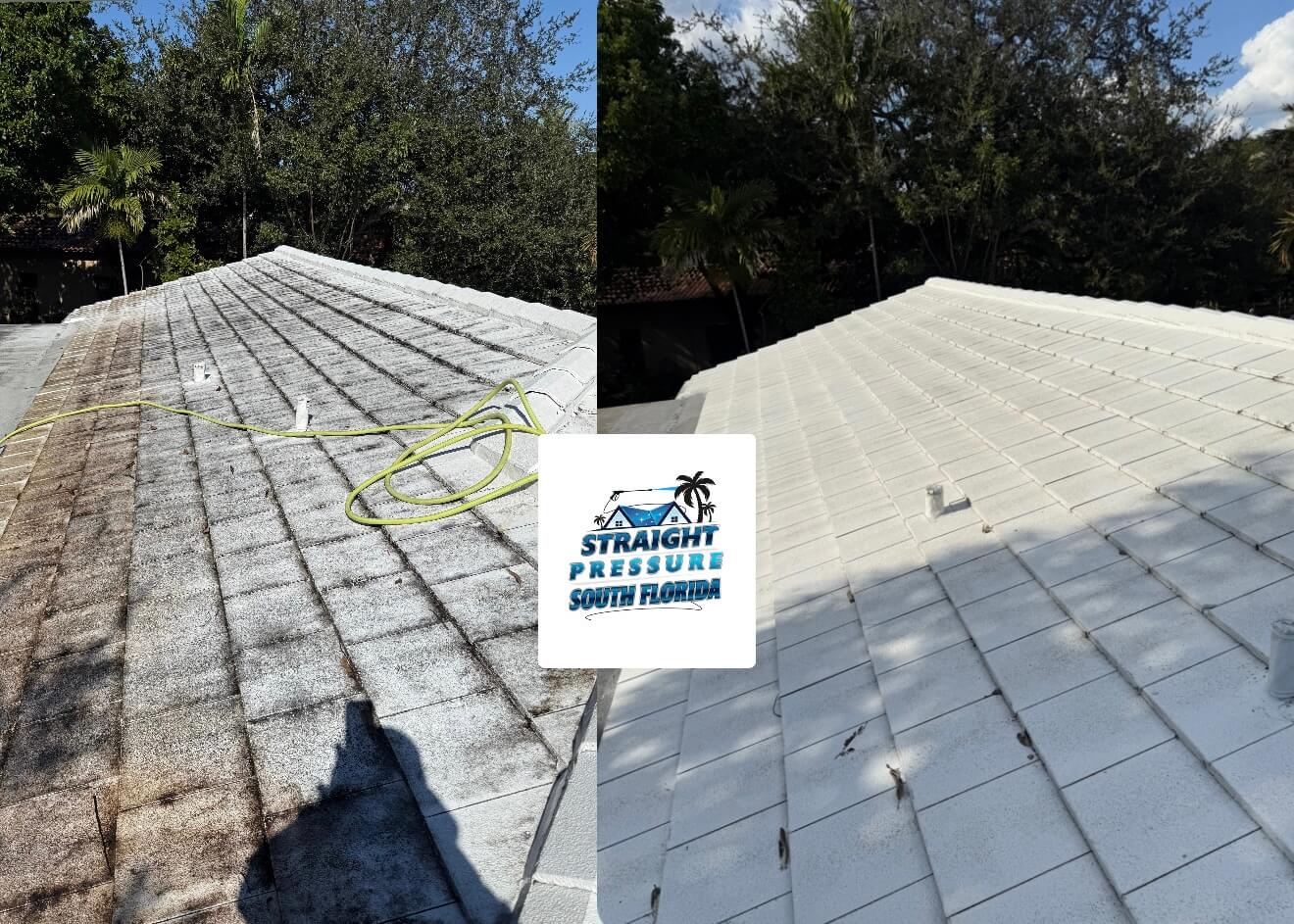 Before and after roof soft washing and tile roof cleaning in Miami Springs