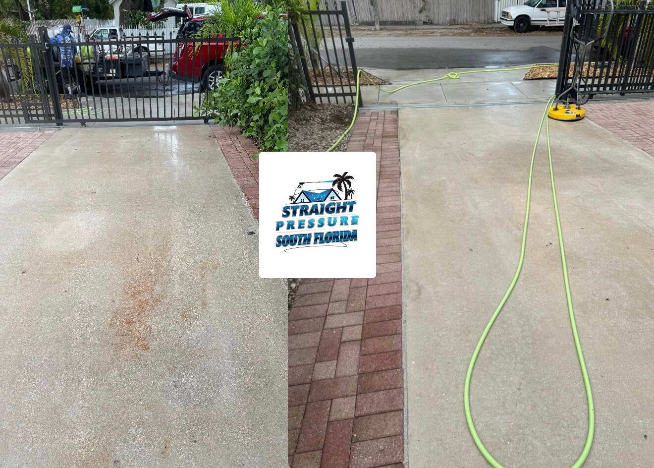 Before and after driveway and concrete pressure washing in Miami
