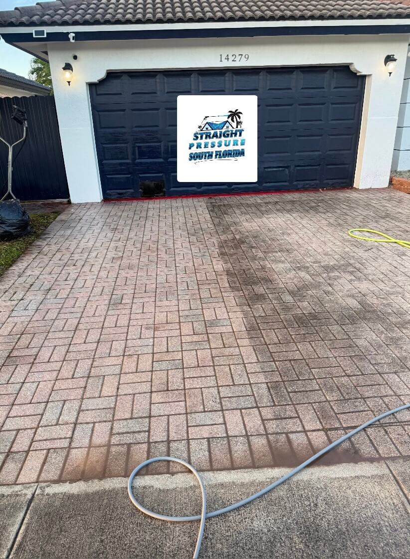 Before and after split view of driveway and concrete pressure washing in Kendall