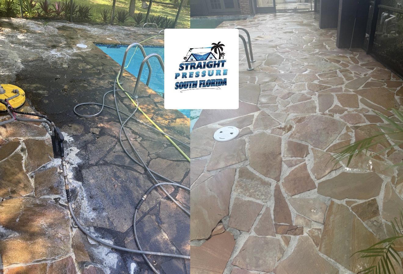 Before and after pool patio cleaning and surface washing in South Florida.