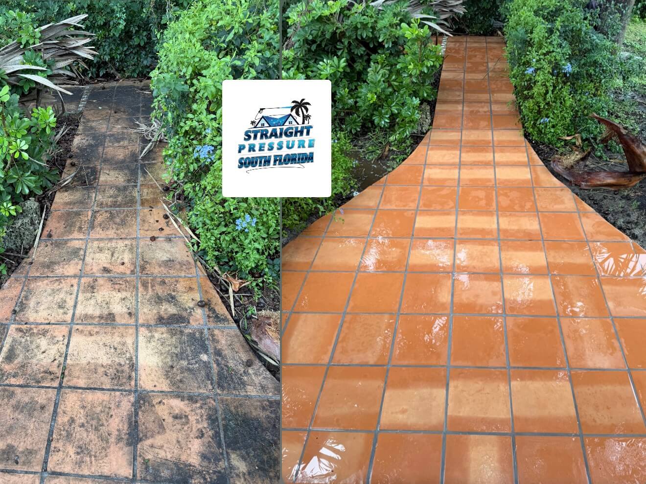 Before and after split view of walkway and concrete pressure washing in North Miami
