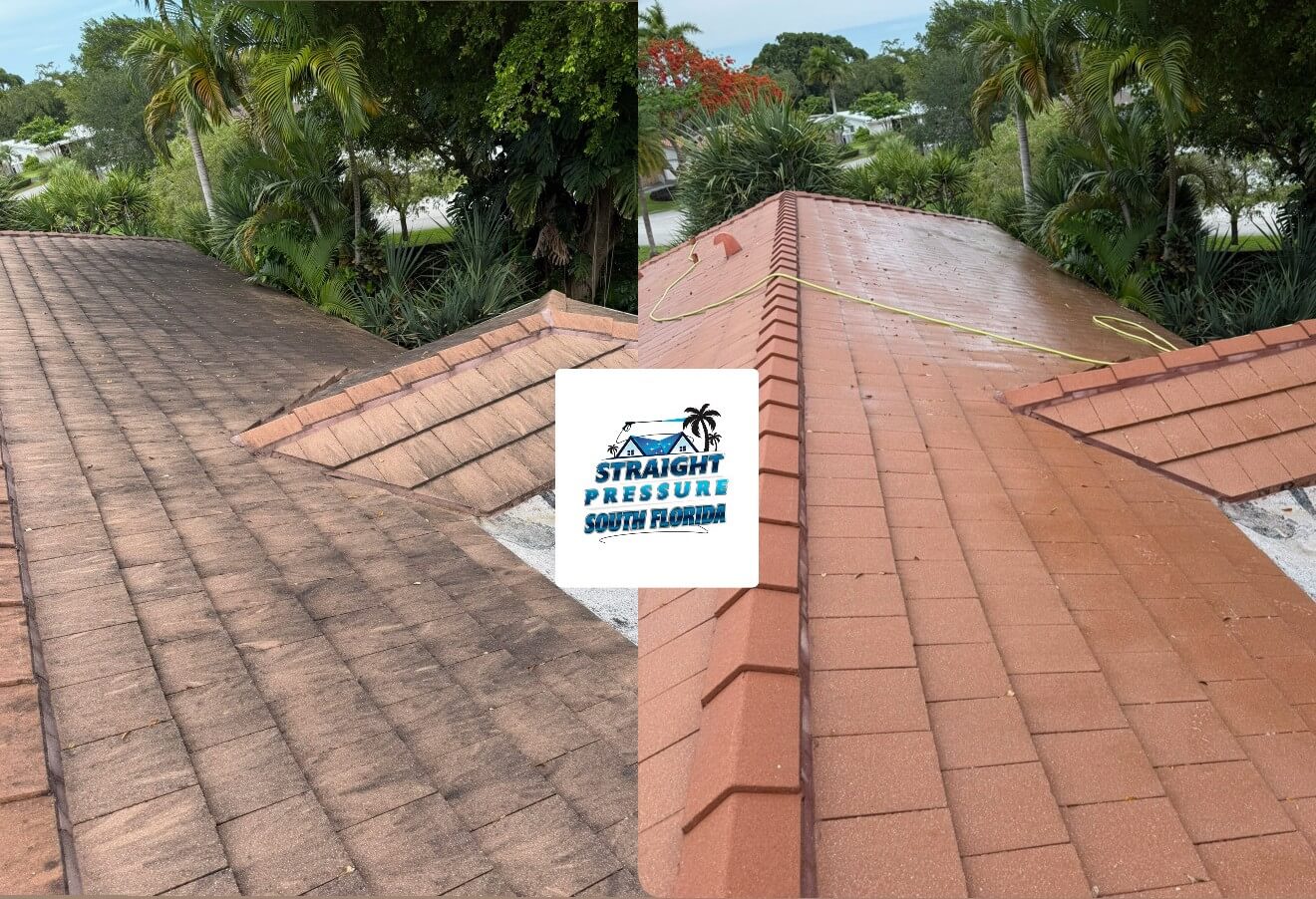 Before and after split view of soft wash roof cleaning and tile roof washing in Palmetto Bay